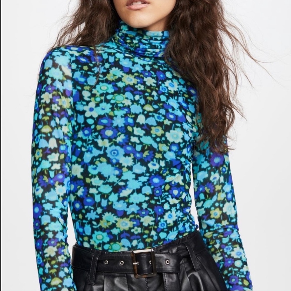 Ganni mesh turtleneck size EU 36 small black with blue floral print